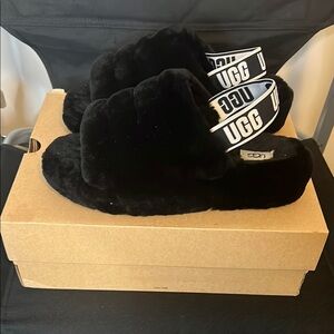 UGG Black Plush Slides with Logo Strap